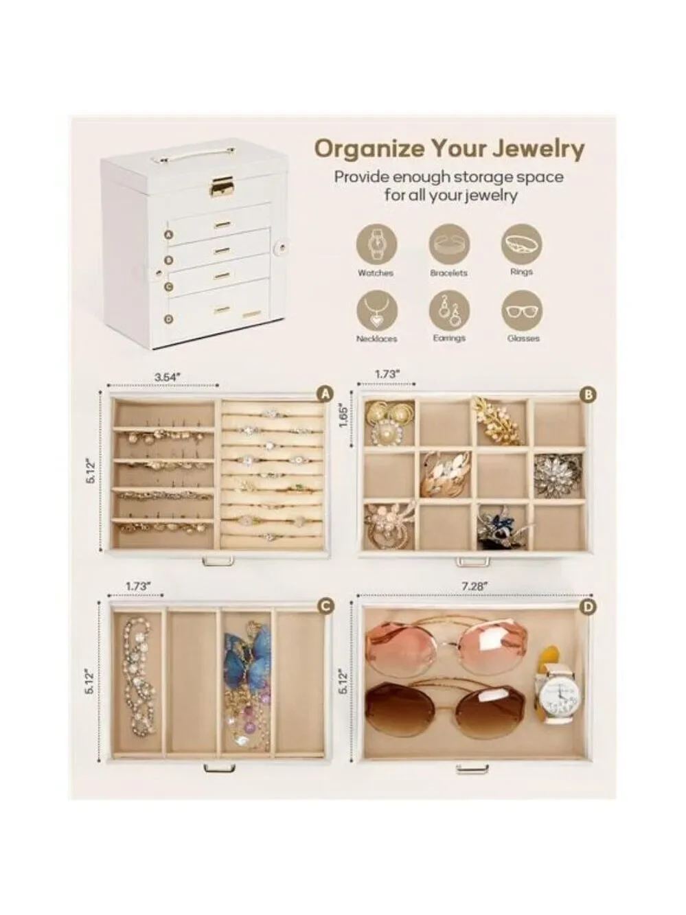 White Lockable Jewelry Box Watch Organizer Necklace Ring Storage with Mirror